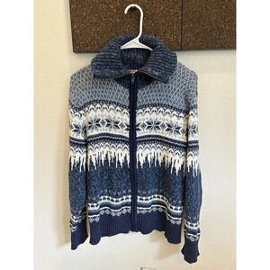 Vintage Snowflake Novelty Ramie Knit Sweater Full Zip Collared Nordic L